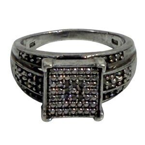 Sterling Silver 925 Square Pave Band Ring Intricate Details Clear Stone Accent